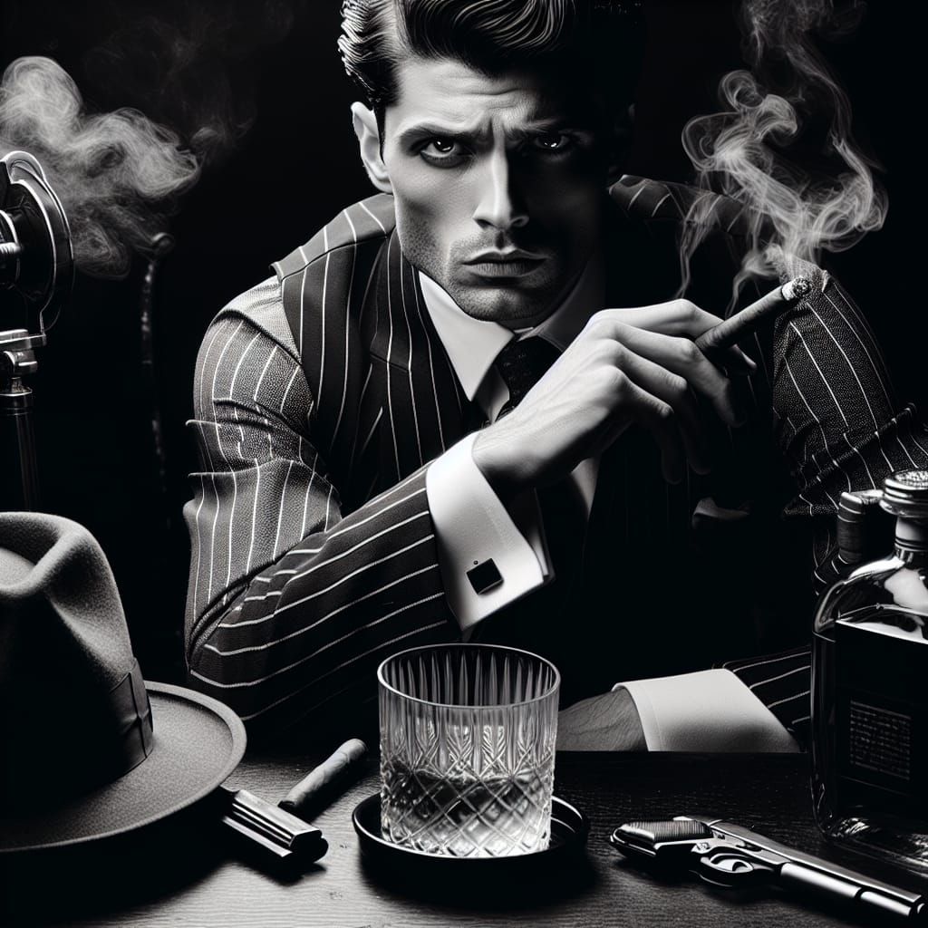 Noir 1920s Man with Tommy Gun in High Contrast