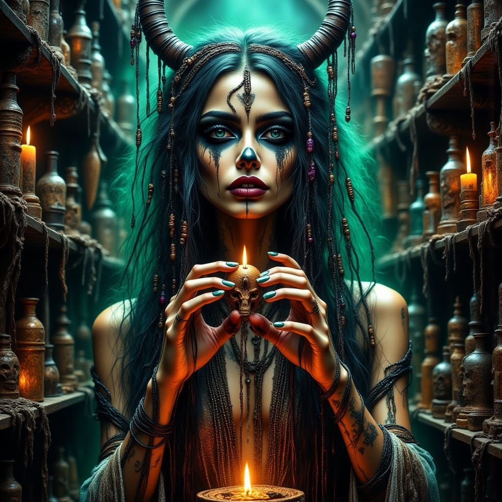 Gothic African Voodoo Goddess in Her Mystical Shop