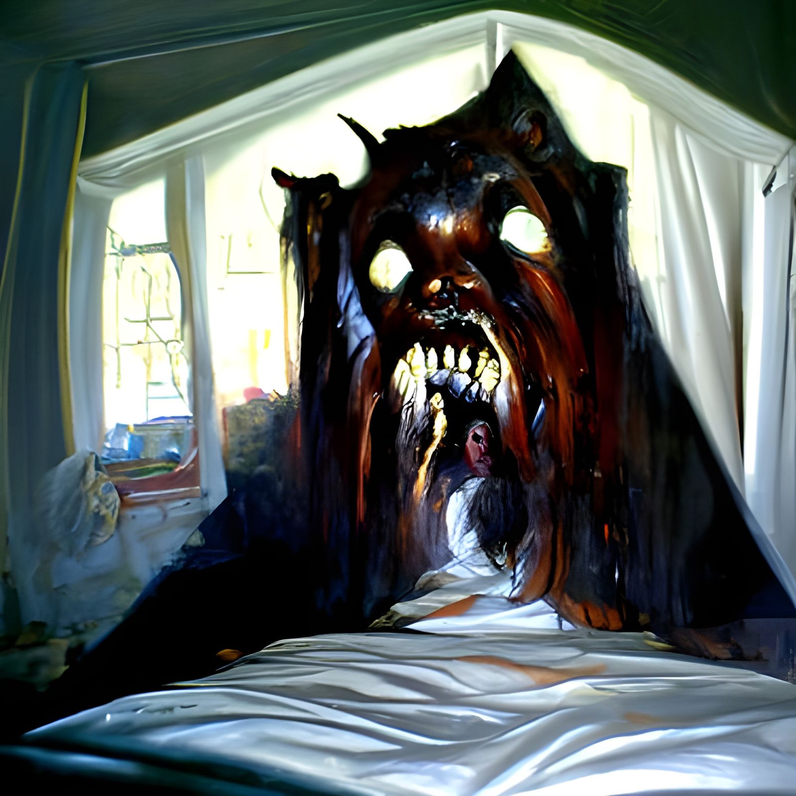 Bloody Demon Haunting Bed as Oil Painting