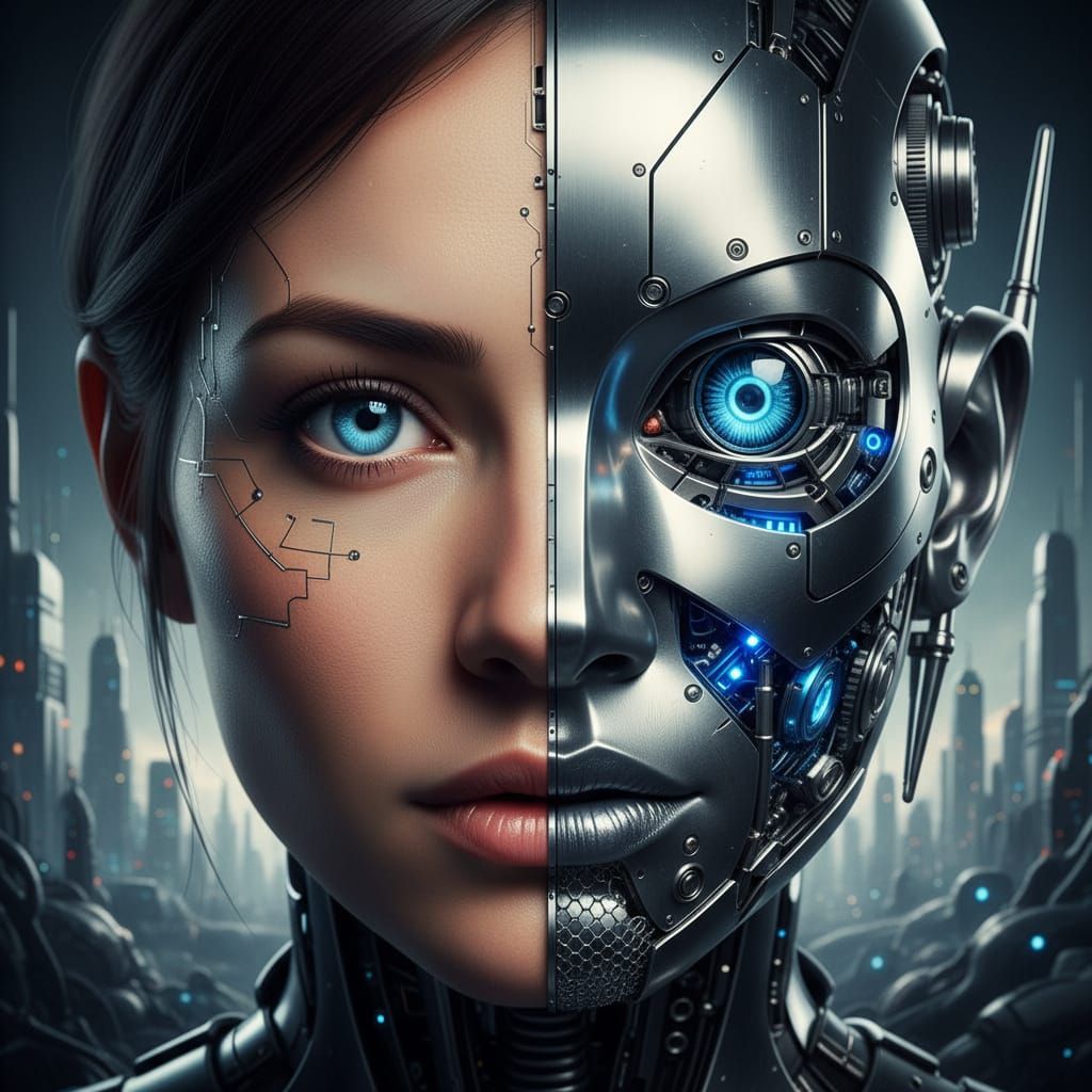 Beautiful Half-Human Cyborg Woman in Dramatic Light