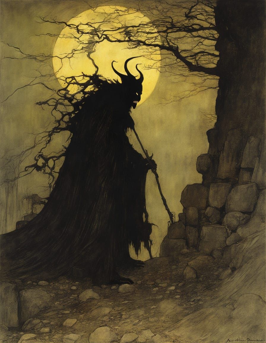 Surreal Expressionist Demon Silhouette on Ruins