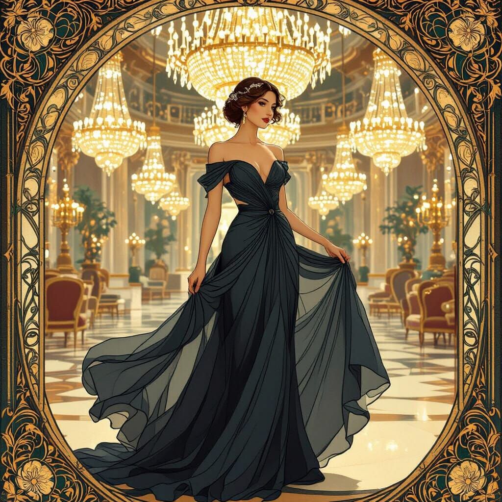 Elegant Woman in Ballroom, Art Nouveau Style