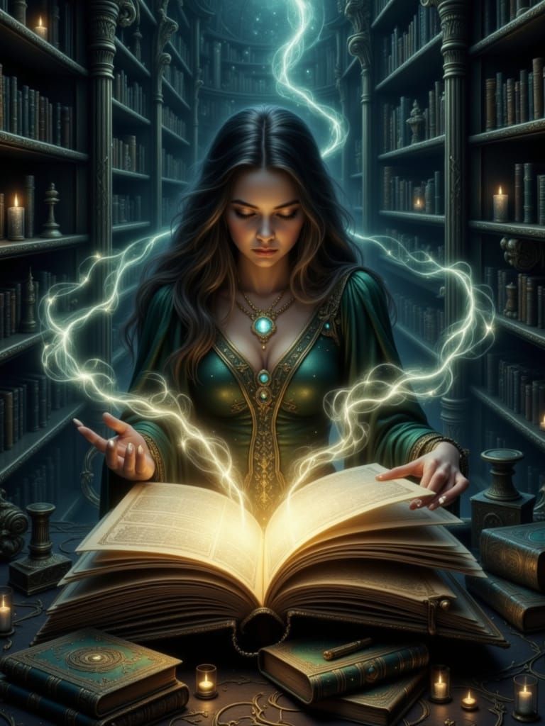 Sorceress Deciphers Glowing Manuscript in Ancient Library