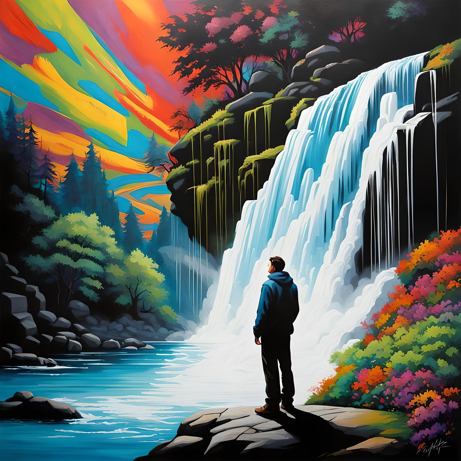 Waterfall Contemplation in Graffiti Splash Art Style
