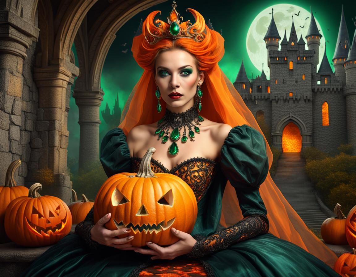 The Enchanted Pumpkin Queen in Haunted Castle Splendor