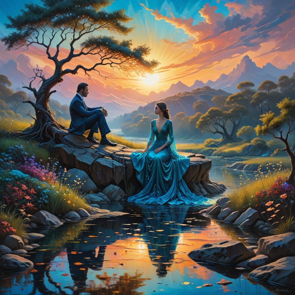 Surrealist Couple in Whimsical Forest Landscape