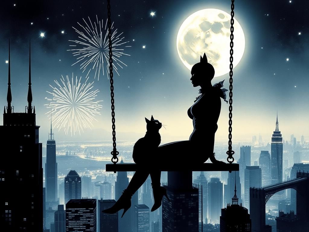 Catwoman Silhouette Above Gotham in Mystical Froud Style