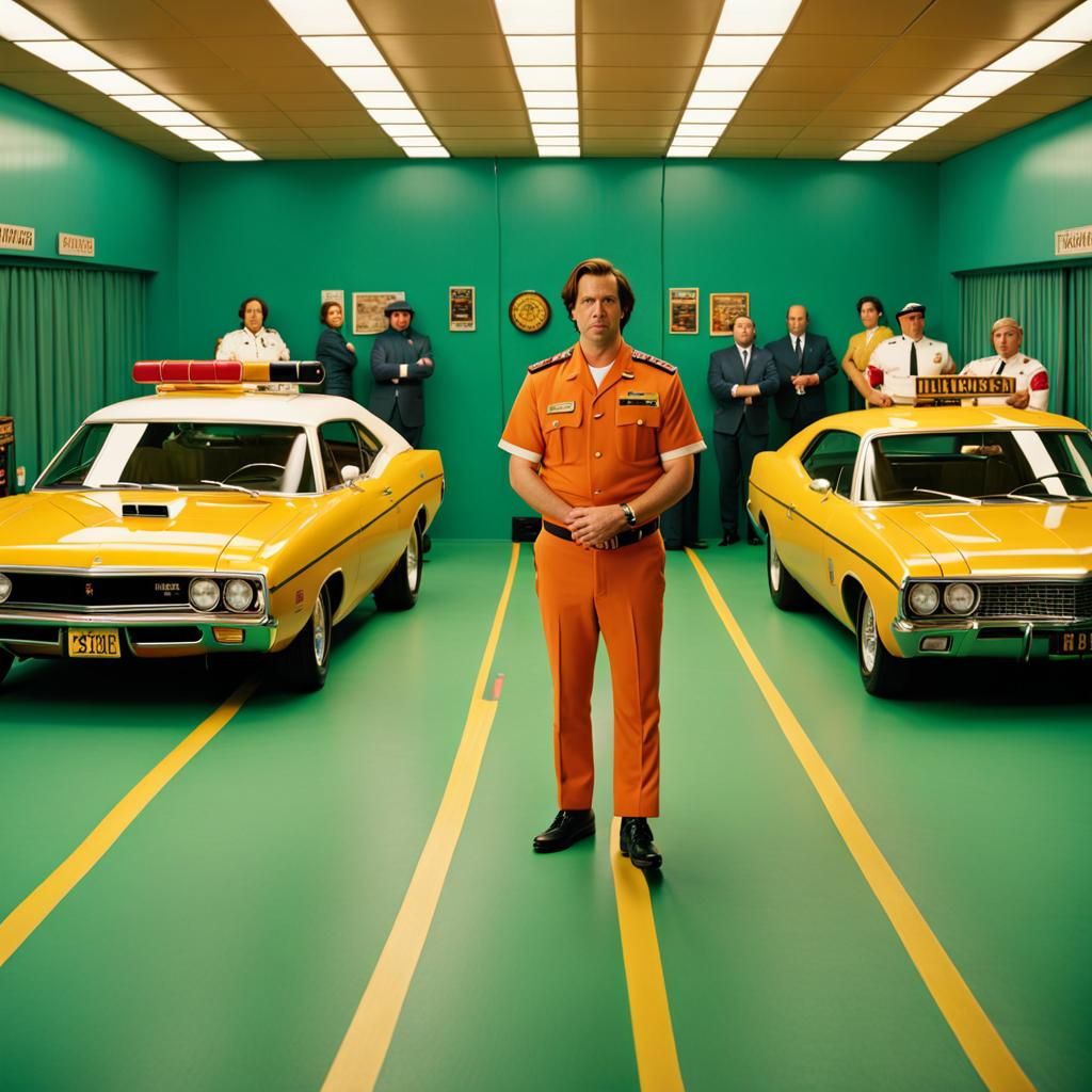 Cinematic Film Still in Wes Anderson Style