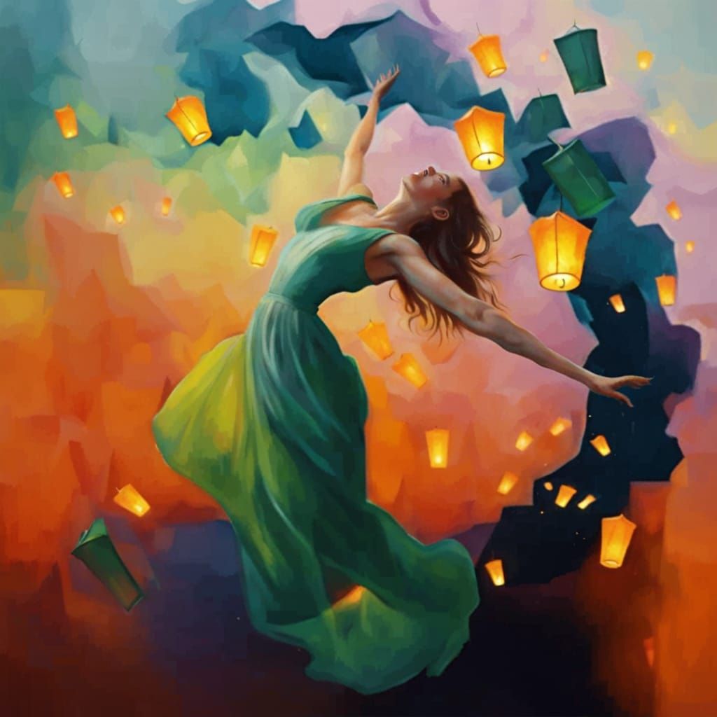 Leaping Woman Amidst Paper Lanterns