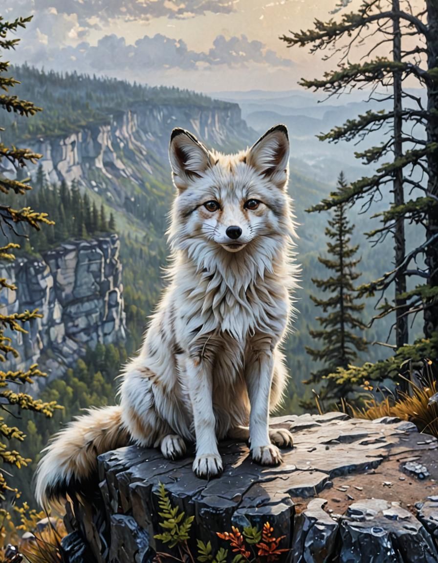 Marble Fox on Cliff, Impressionistic Oil Painting