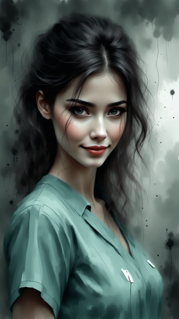 Photorealistic Nurse with Luscious Dark Hair in Golden Hour