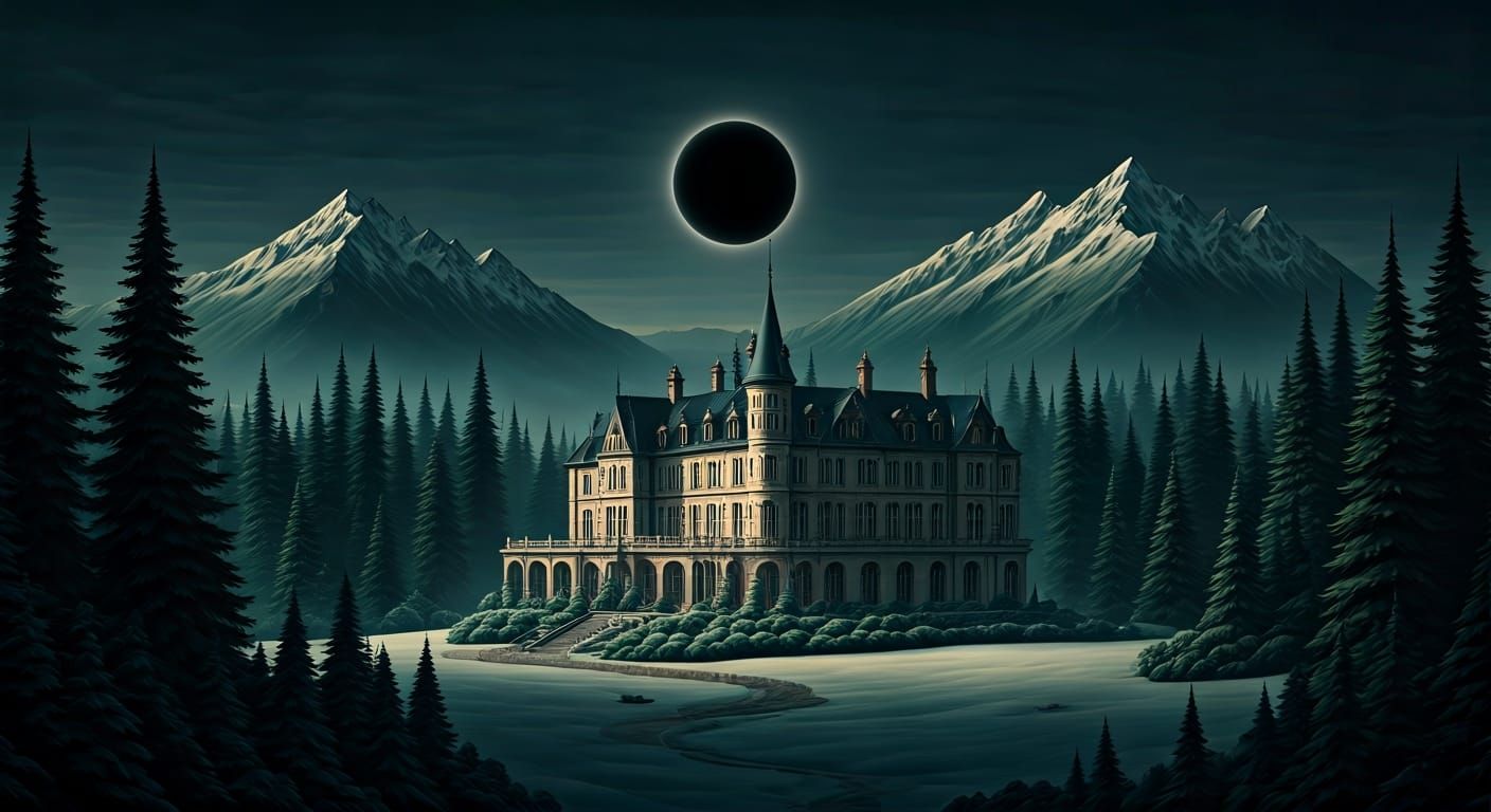 Alpine Chateau Under Ominous Black Sun