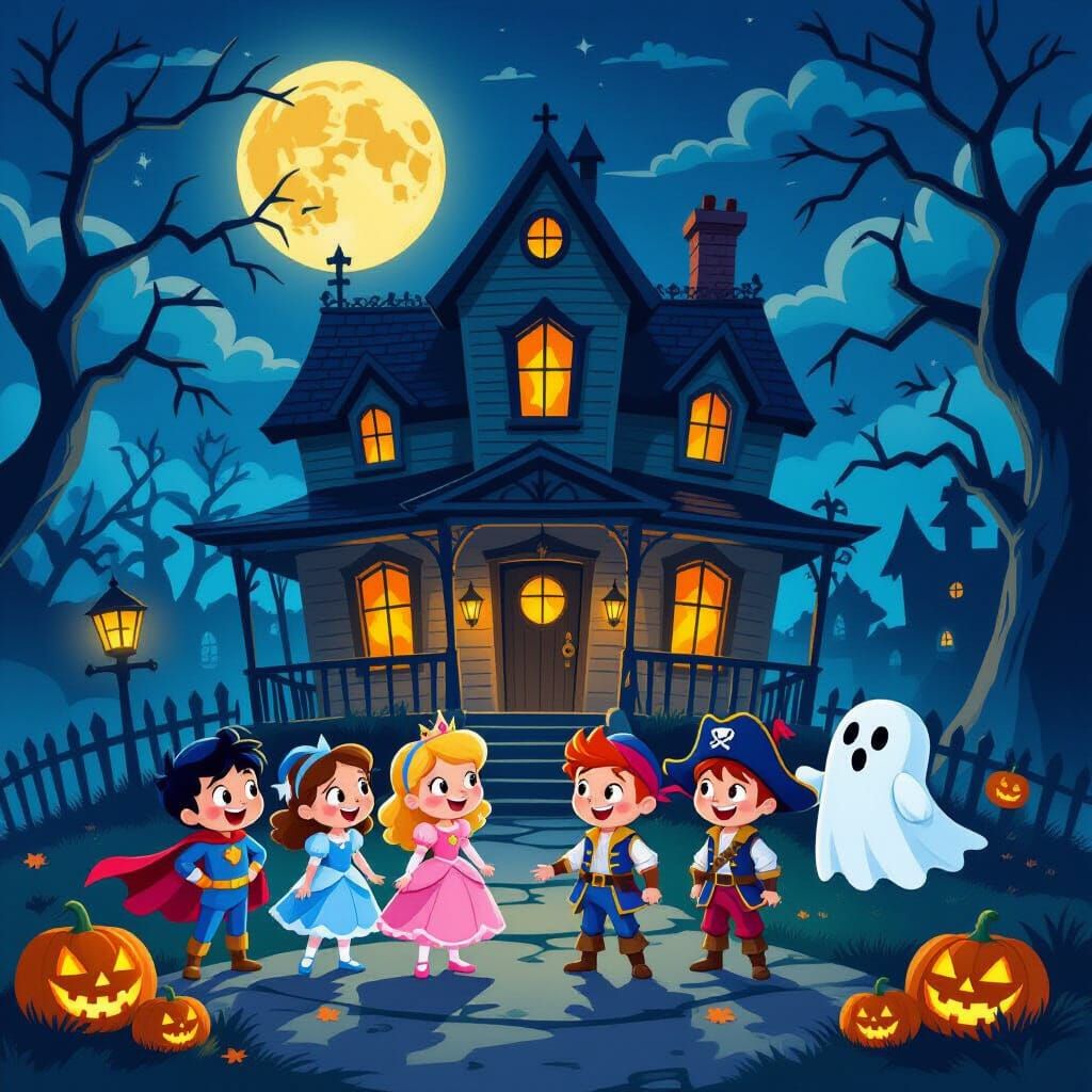 Children in Costumes Visit Spooky Haunted House