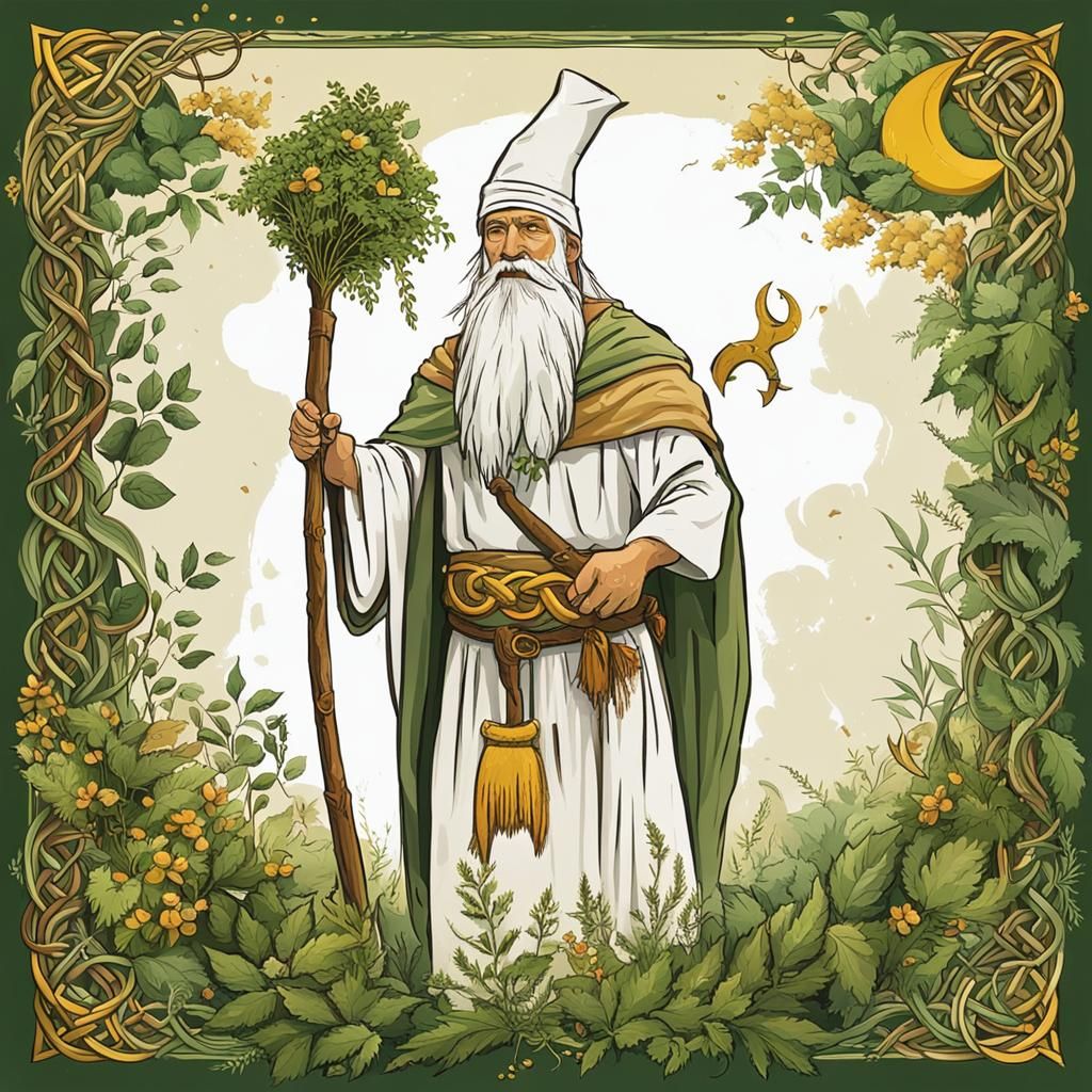 Celebration of the Celtic festival, a druid hat on his head, long white beard, long white toga, golden sickle in hand to...