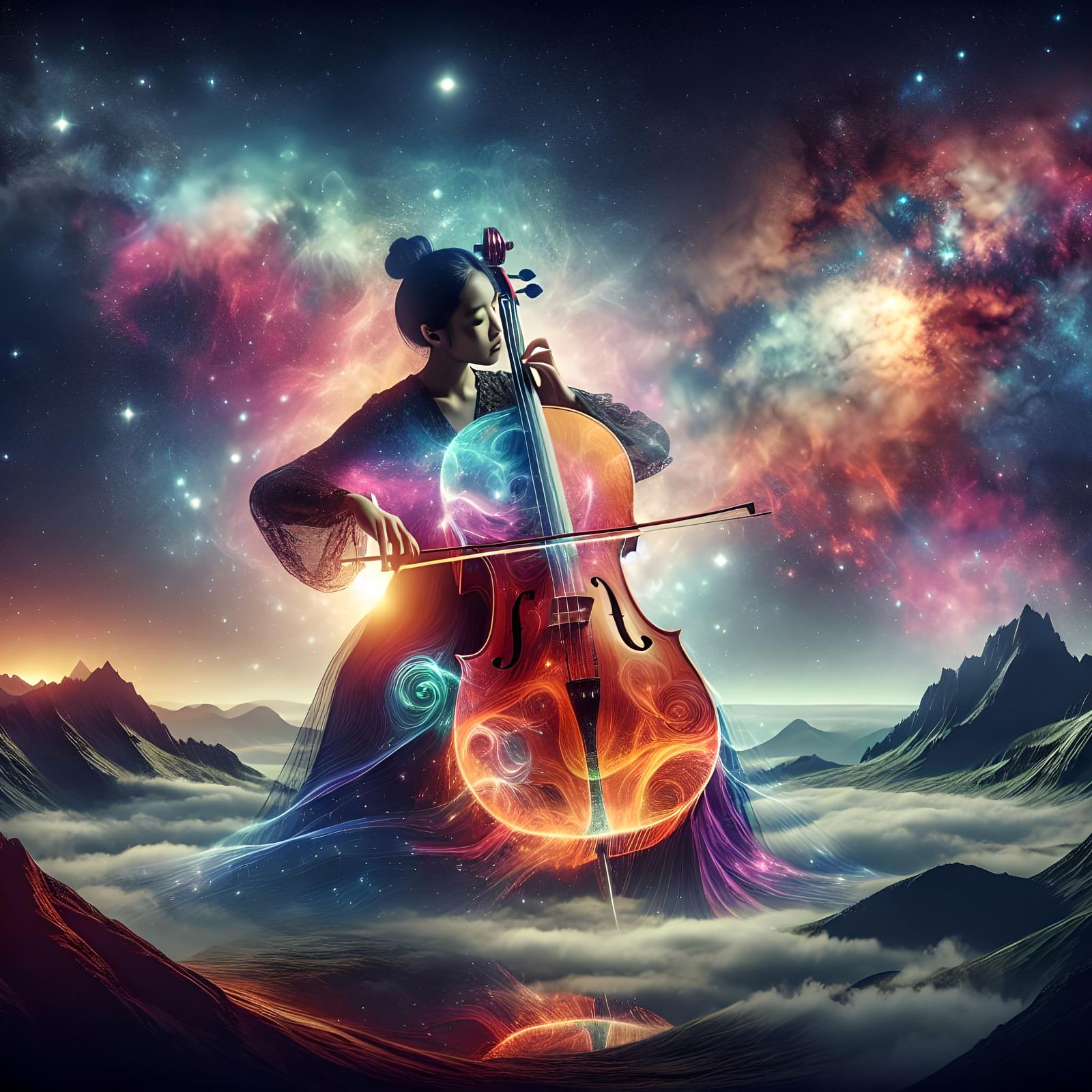 Asian Woman Playing Cello with Mountain and Stars Backdrop