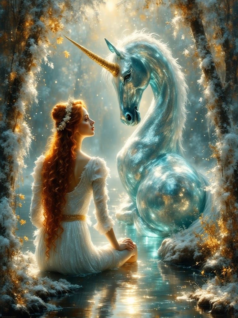 Medieval Woman in Enchanted Forest with Unicorn