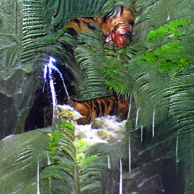 Tiger in Rainforest with Waterfall