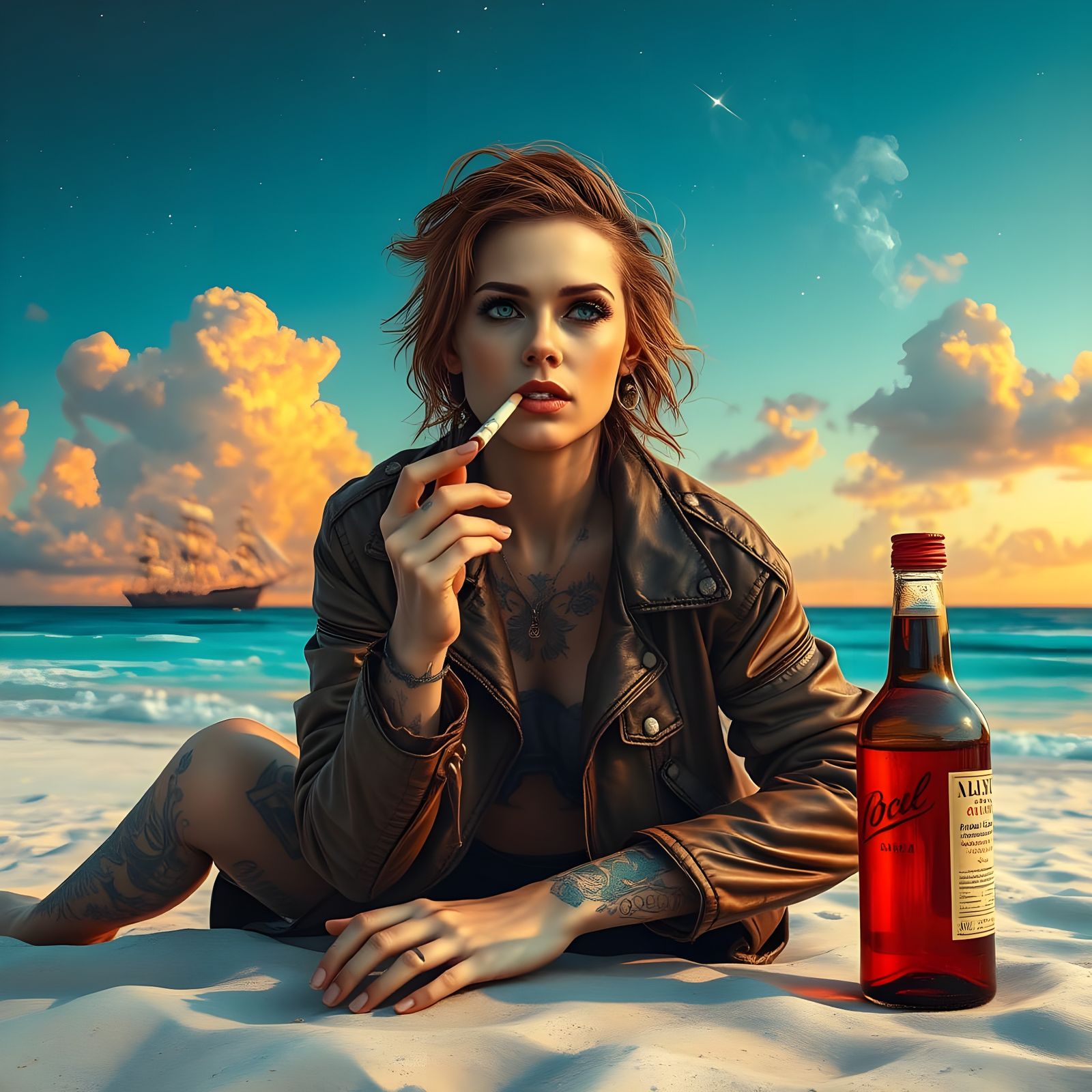 Castaway Woman Watching Tall Ships at Sunset