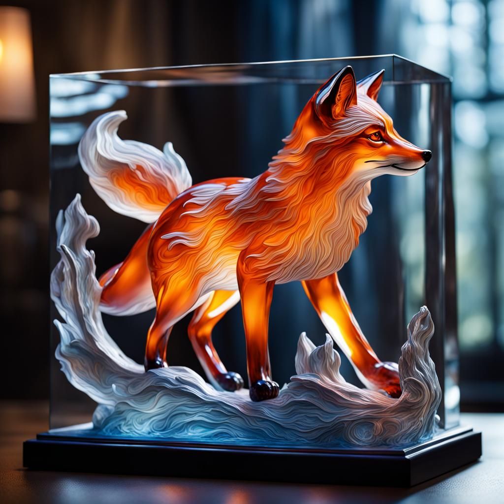 Glass Fox Sculpture in Moonlight: Hyperrealistic Digital Art