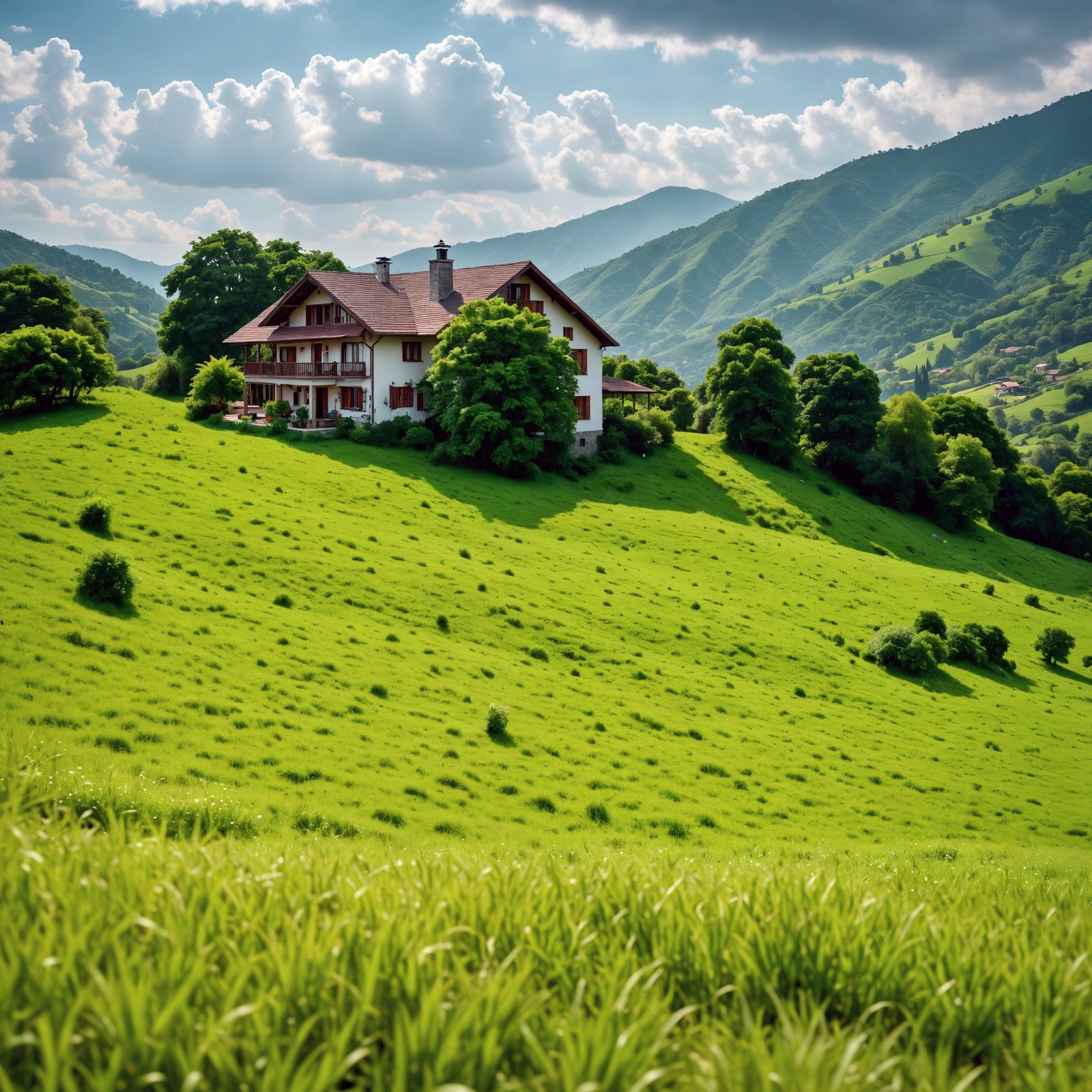 Hyperrealistic House in Rolling Green Hills