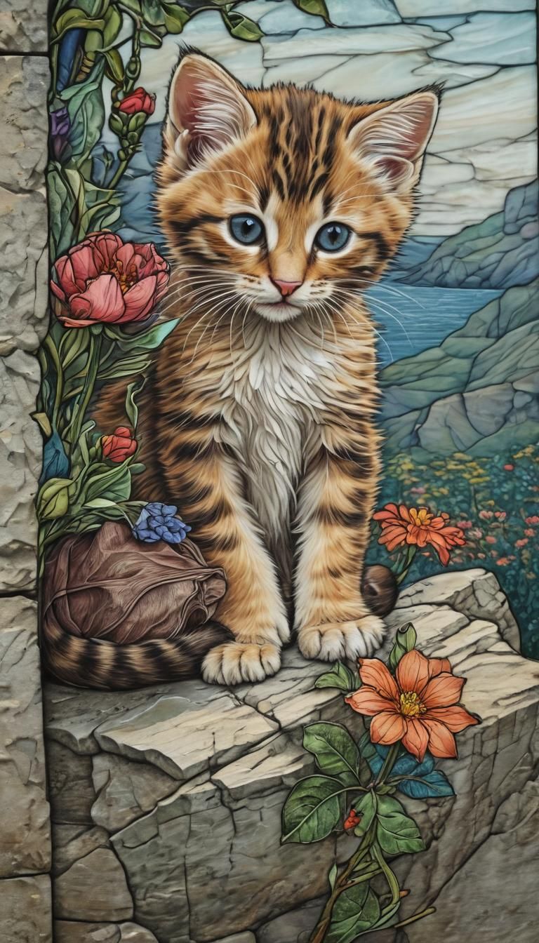 Kitten with Flower in Stained Glass Style