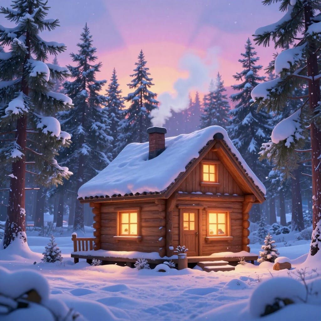 Cozy Snowy Cabin at Night in Magical Forest