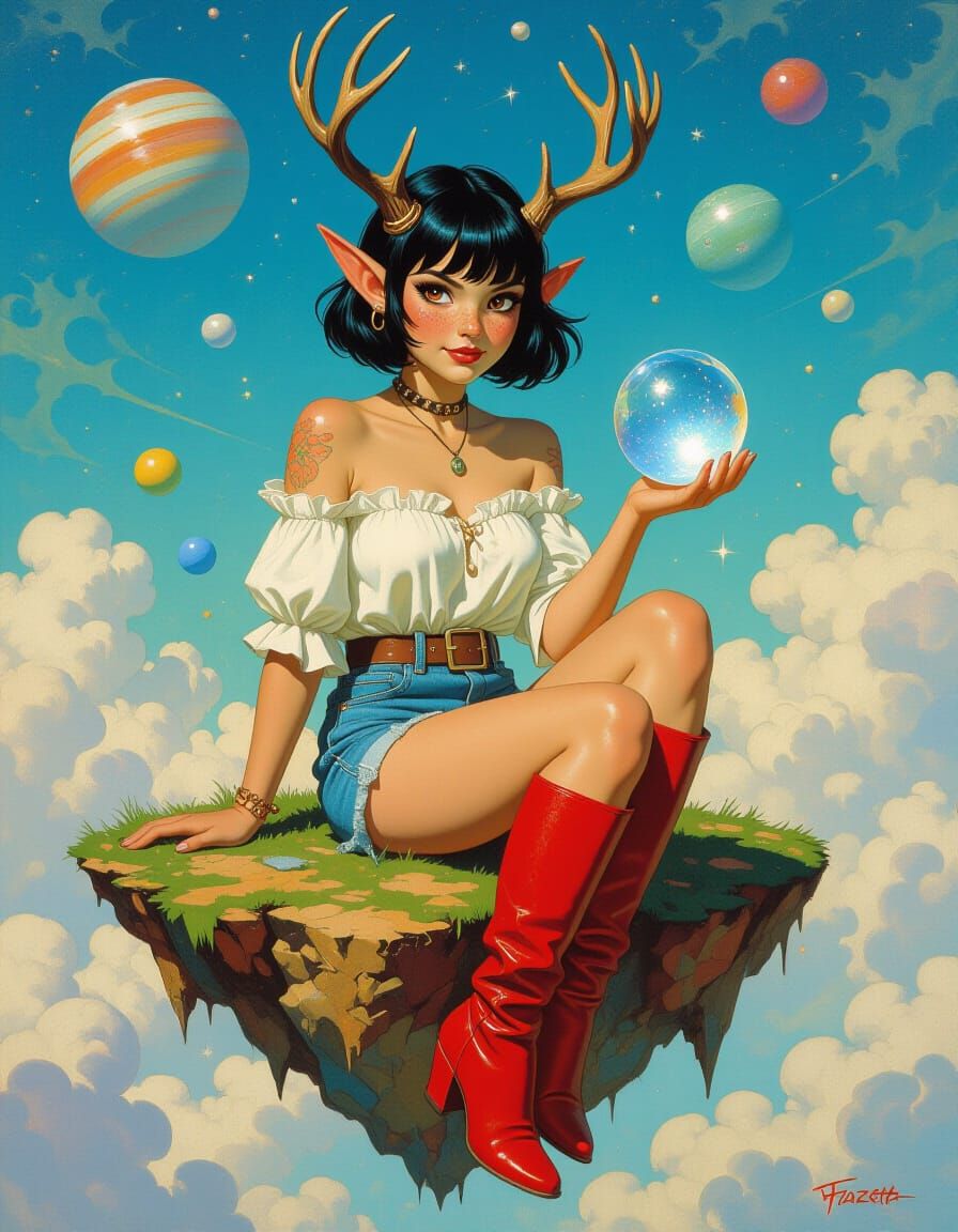 Elf Maiden with Crystal Ball in Frazetta Style
