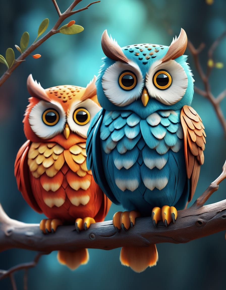 Cute Colorful Owls Perched on Branch