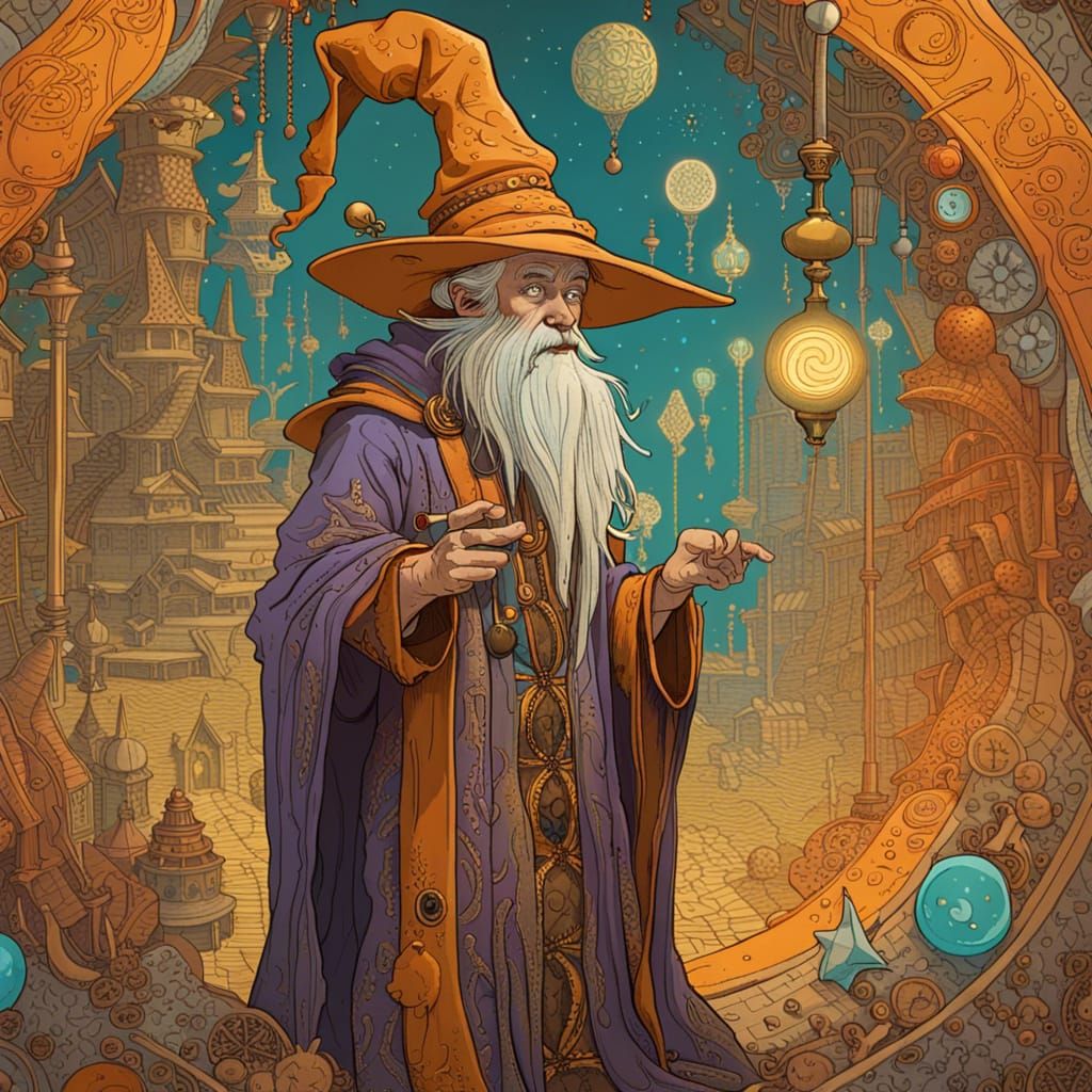 Meditative Sorcerer in Whimsical Metropolitan Setting