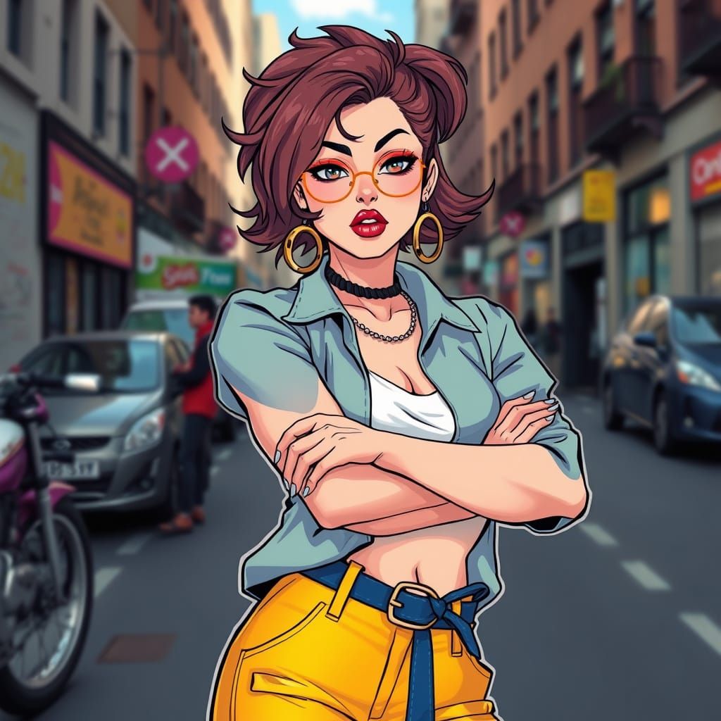 Confident Woman Posing in Manga Style Cityscape