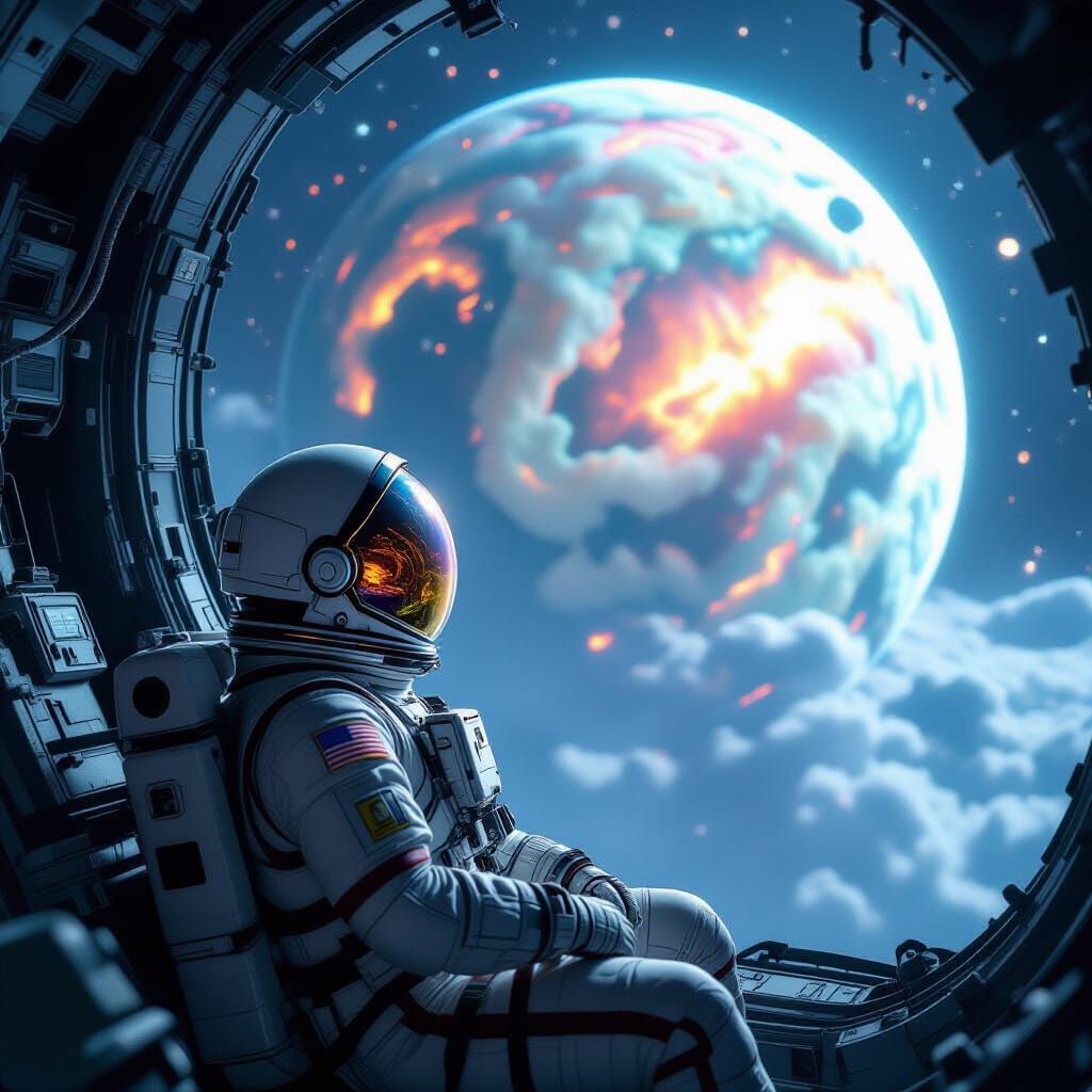 Astronaut Gazing at Sushi Planet in Photorealistic Style