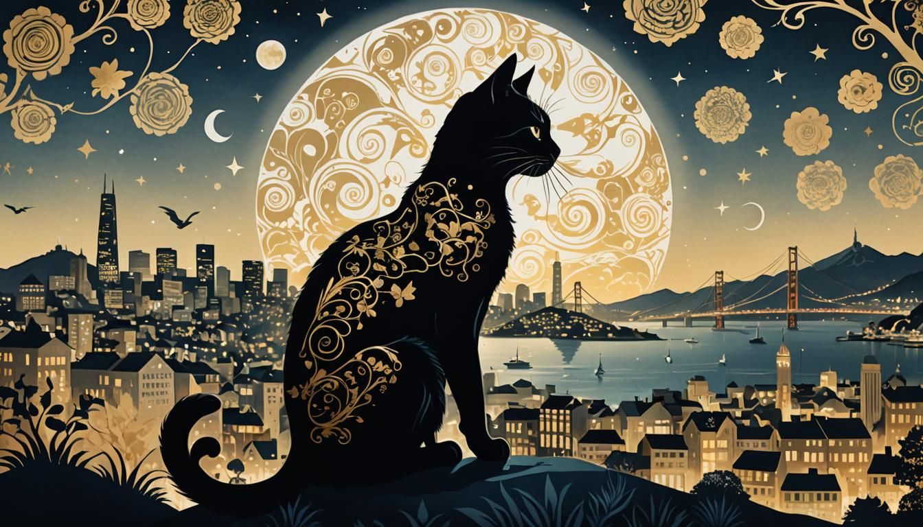Surreal Cat Silhouette with San Francisco Nightscape