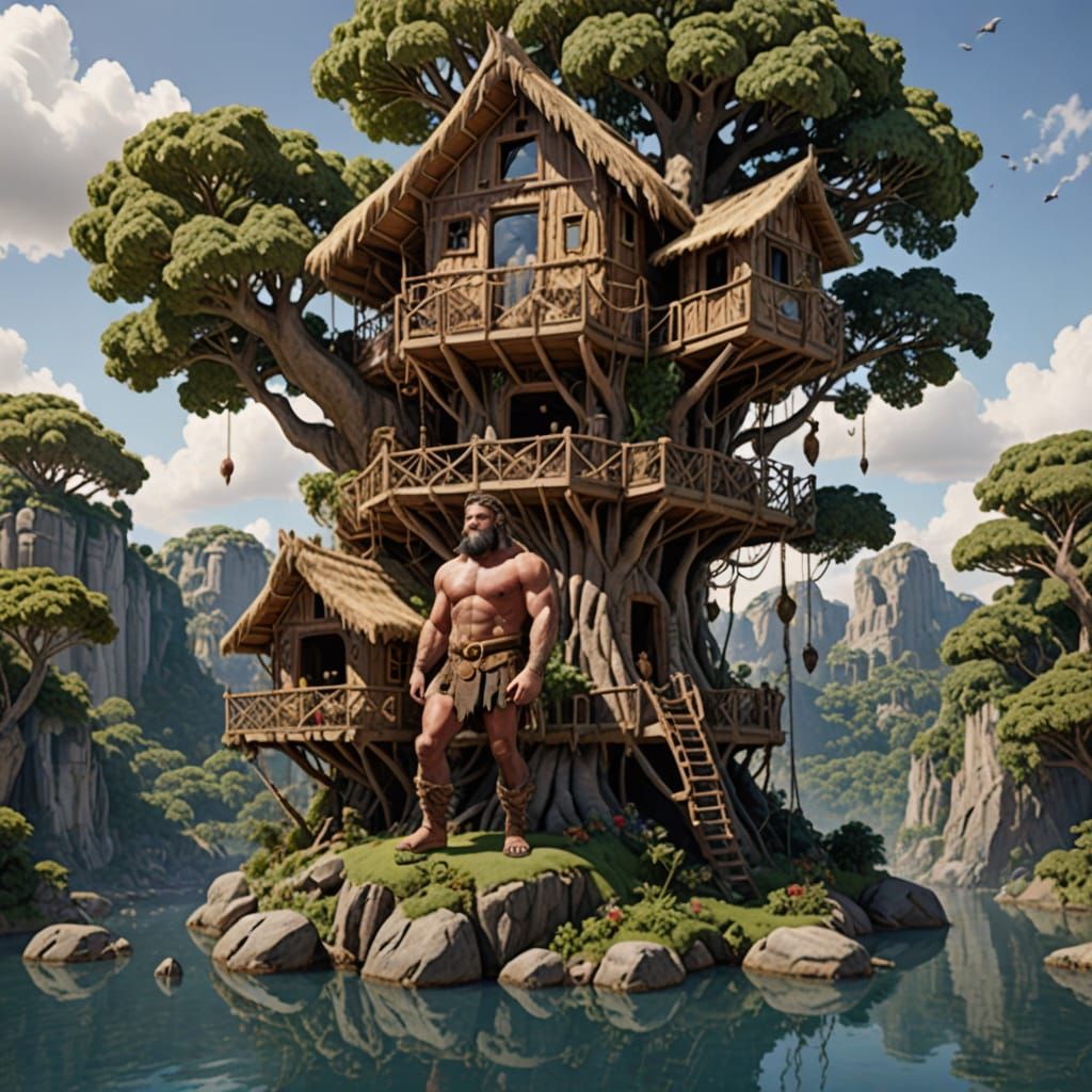 A paleolithic beefcake wearing a loincloth inside his massive elaborate treehouse on a floating island in the sky romane...