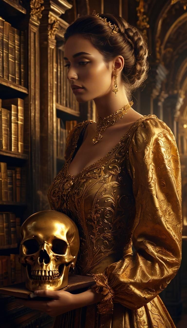 Italian Woman with Golden Skull: Ethereal Art