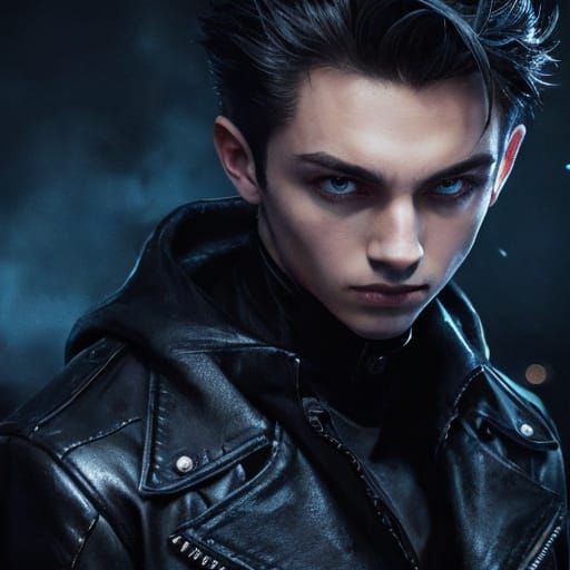 Boy in Leather Jacket with Glowing Eyes, Digital Art
