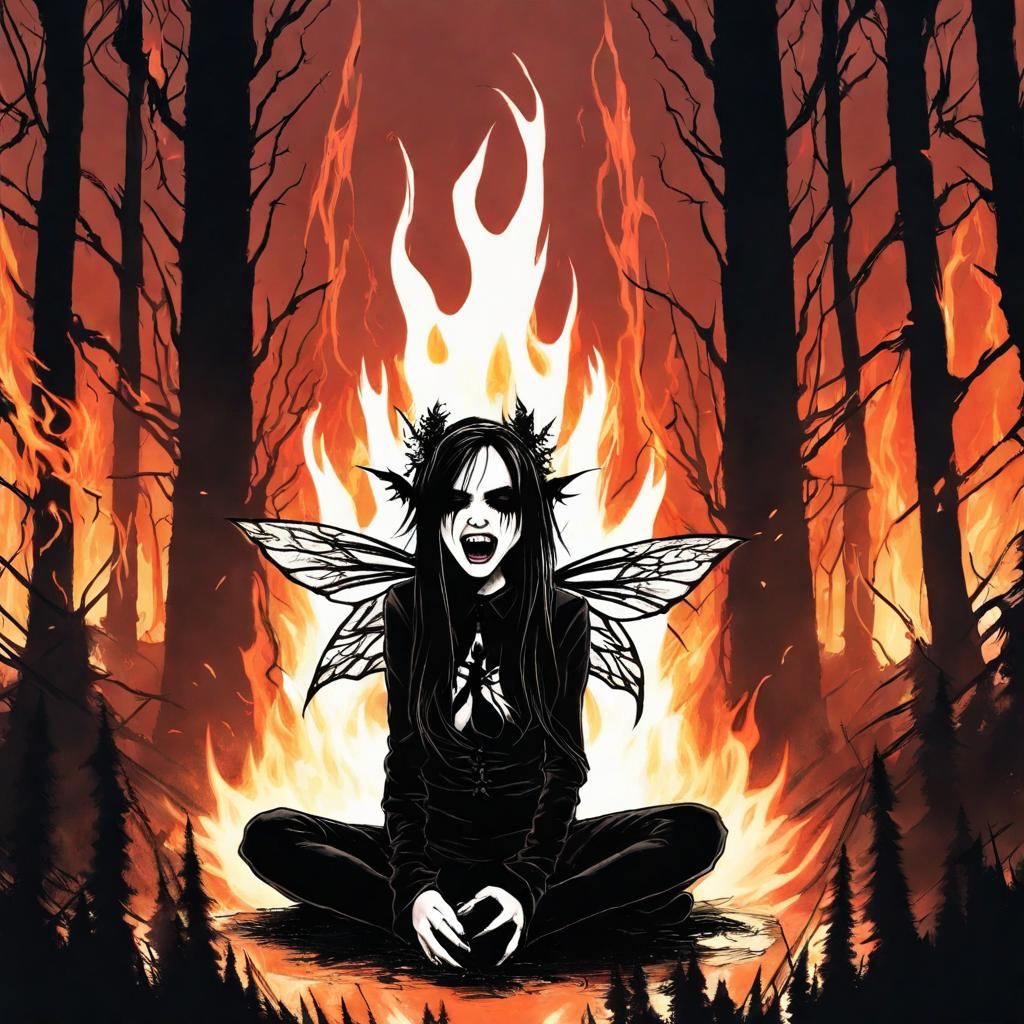 Gothic Fairy Screaming in Burning Forest