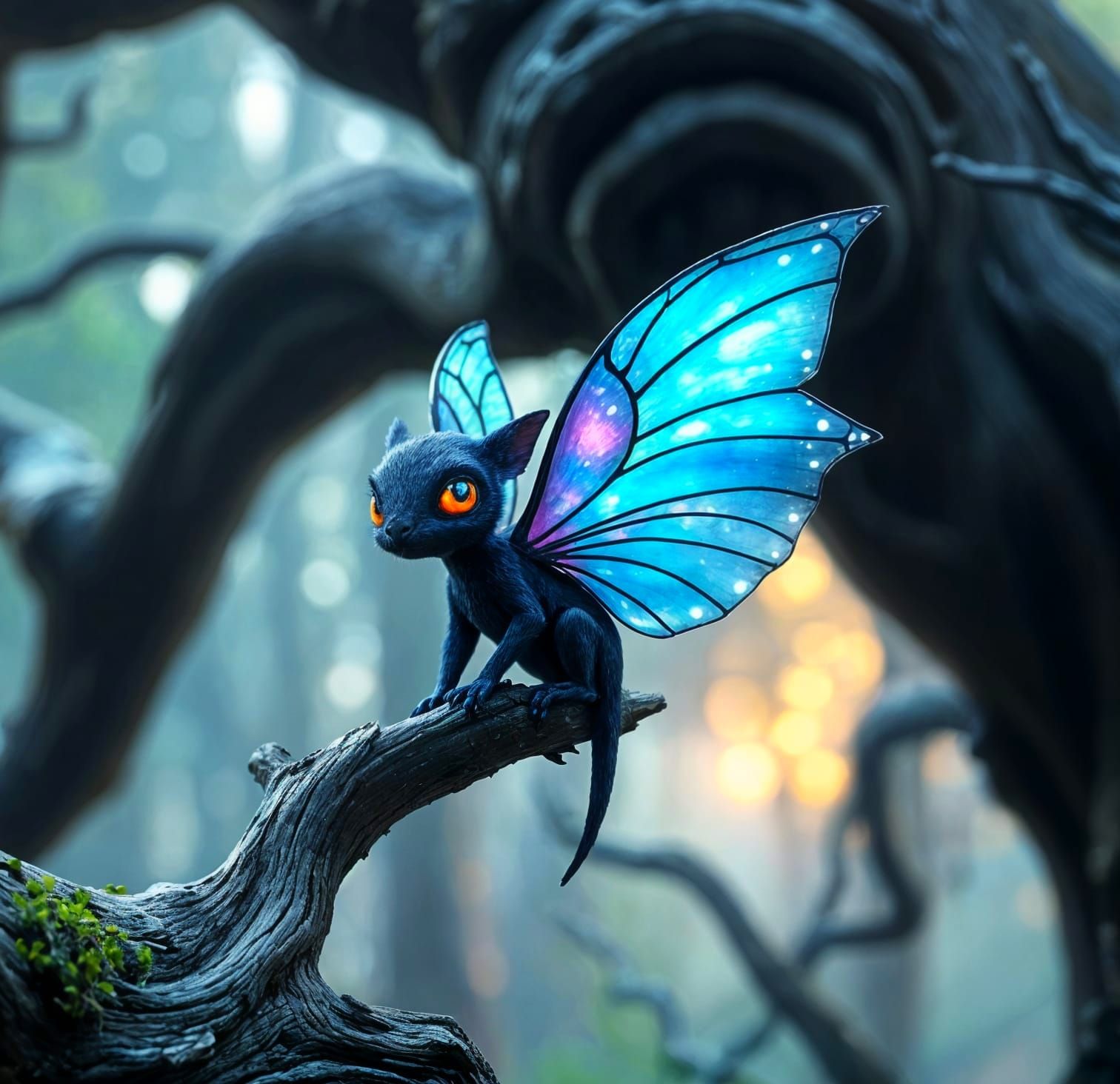 Celestial Fairy Perches on Towering Tree in Magical Forest