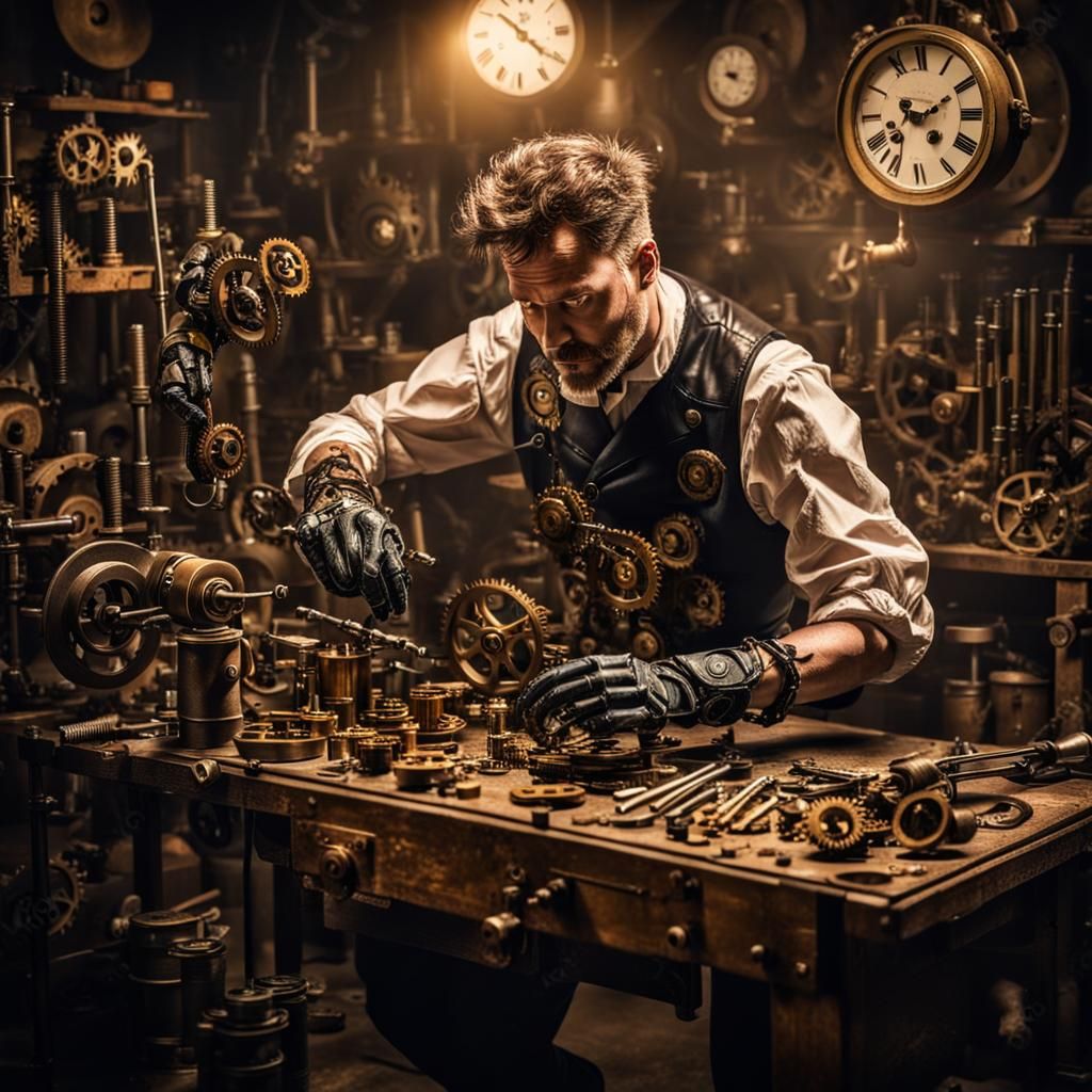 Macabre Steampunk Scene with Clockwork Prosthetic Arm
