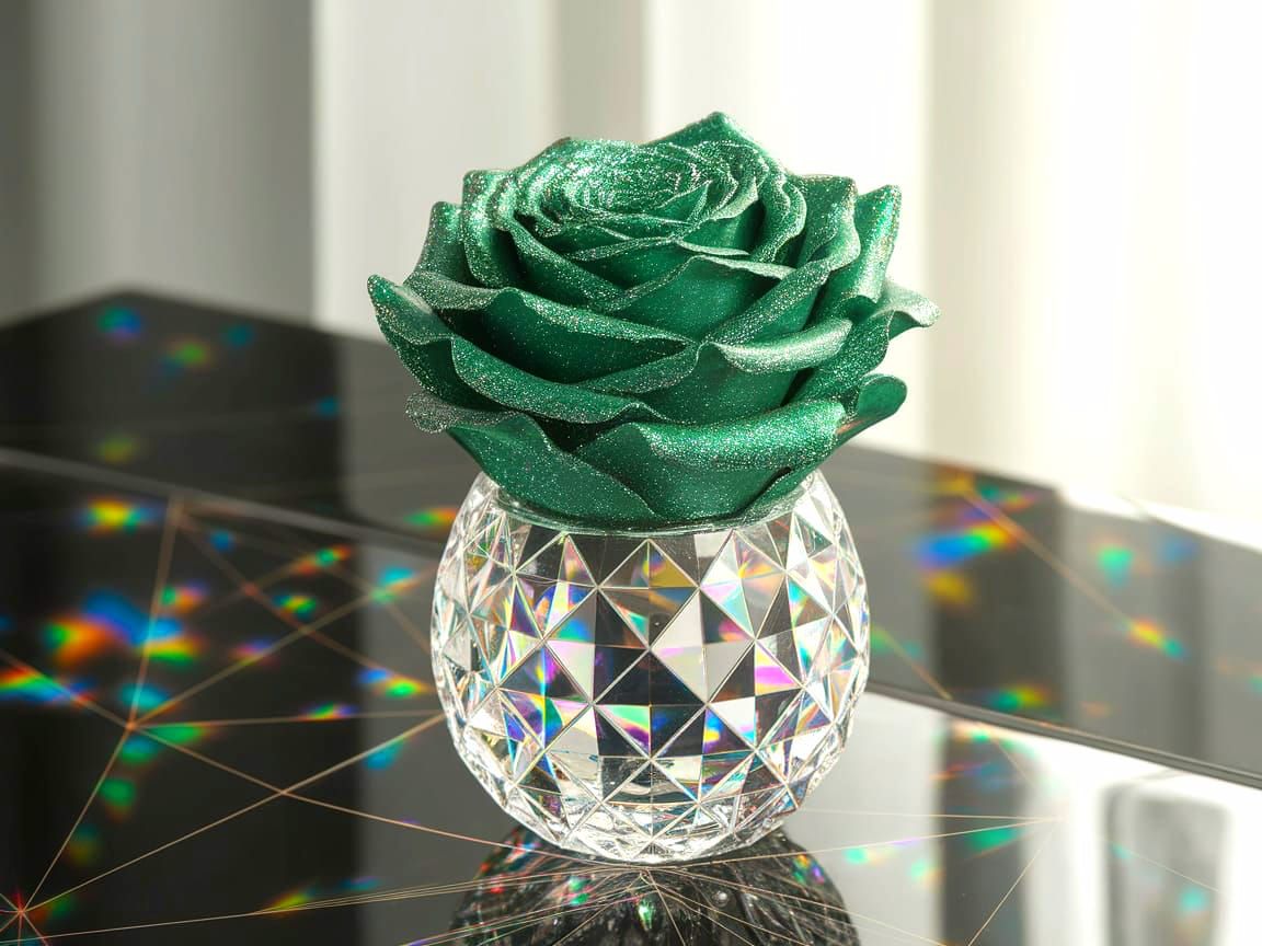 Glittering Green Rose in Crystal Vase