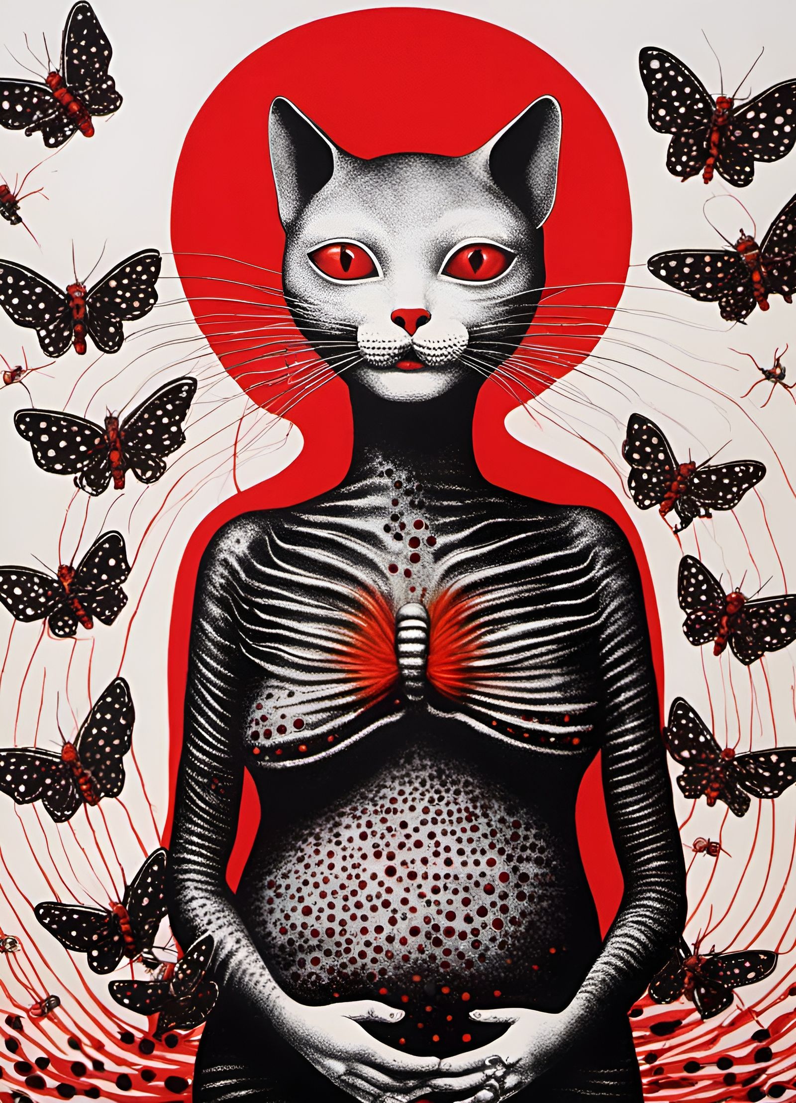 Surreal Cat-Person with Moths and Lasers