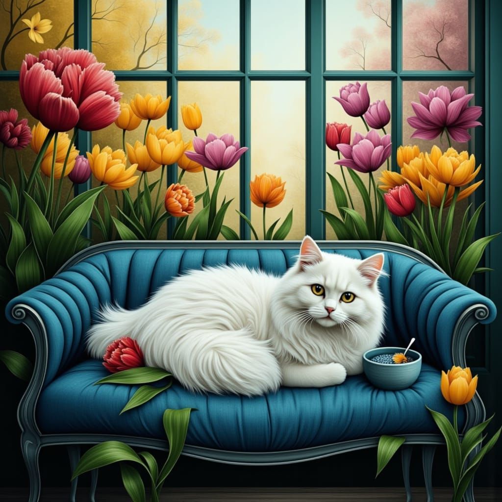 Cat in Glasshouse with Tulips: A Digital Painting
