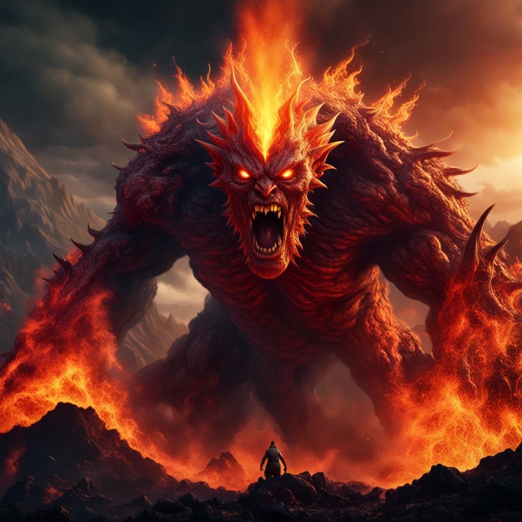 Flaming Monster God Emerges from Volcano