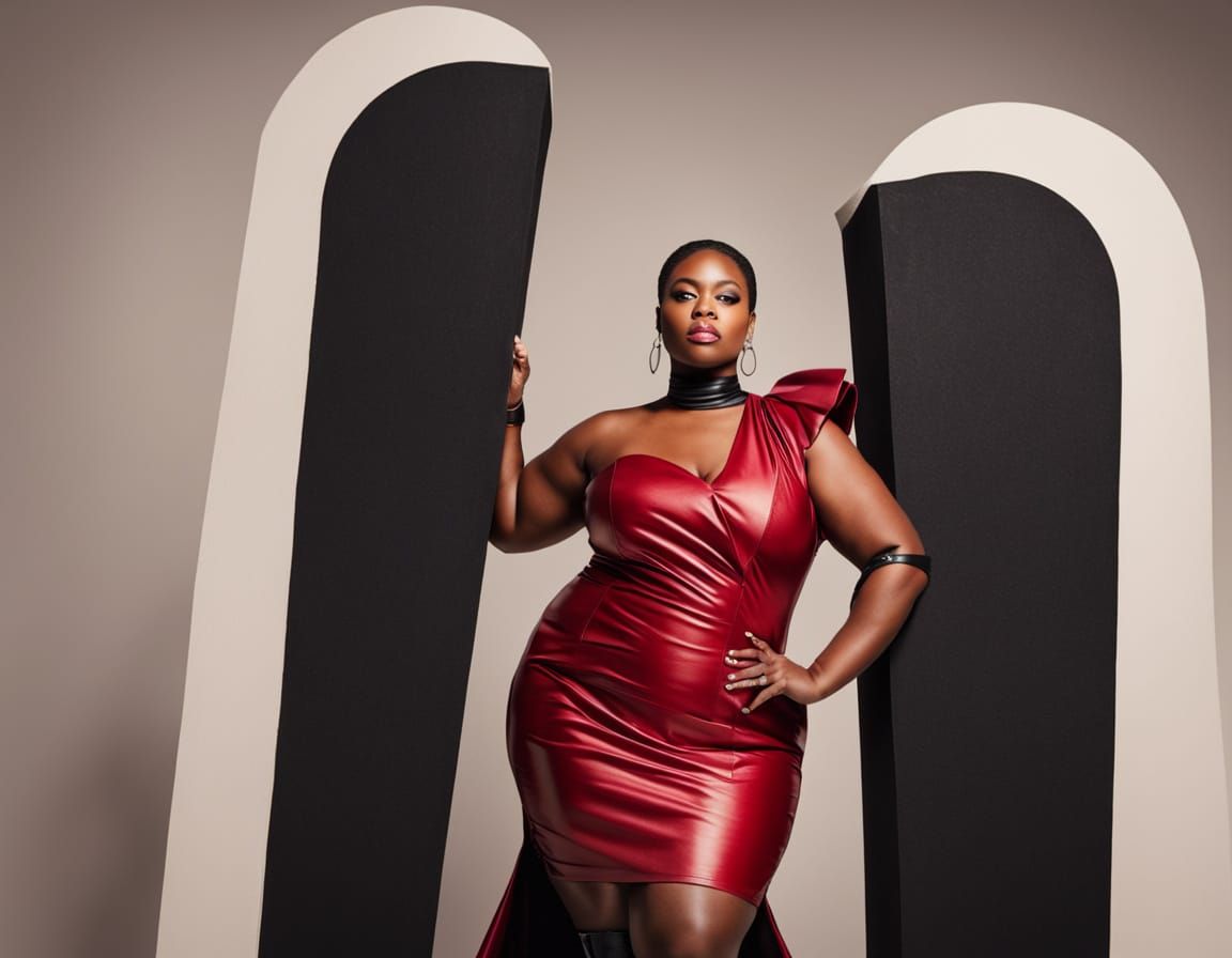Plus-Size Woman in Red Dress and Leather Boots