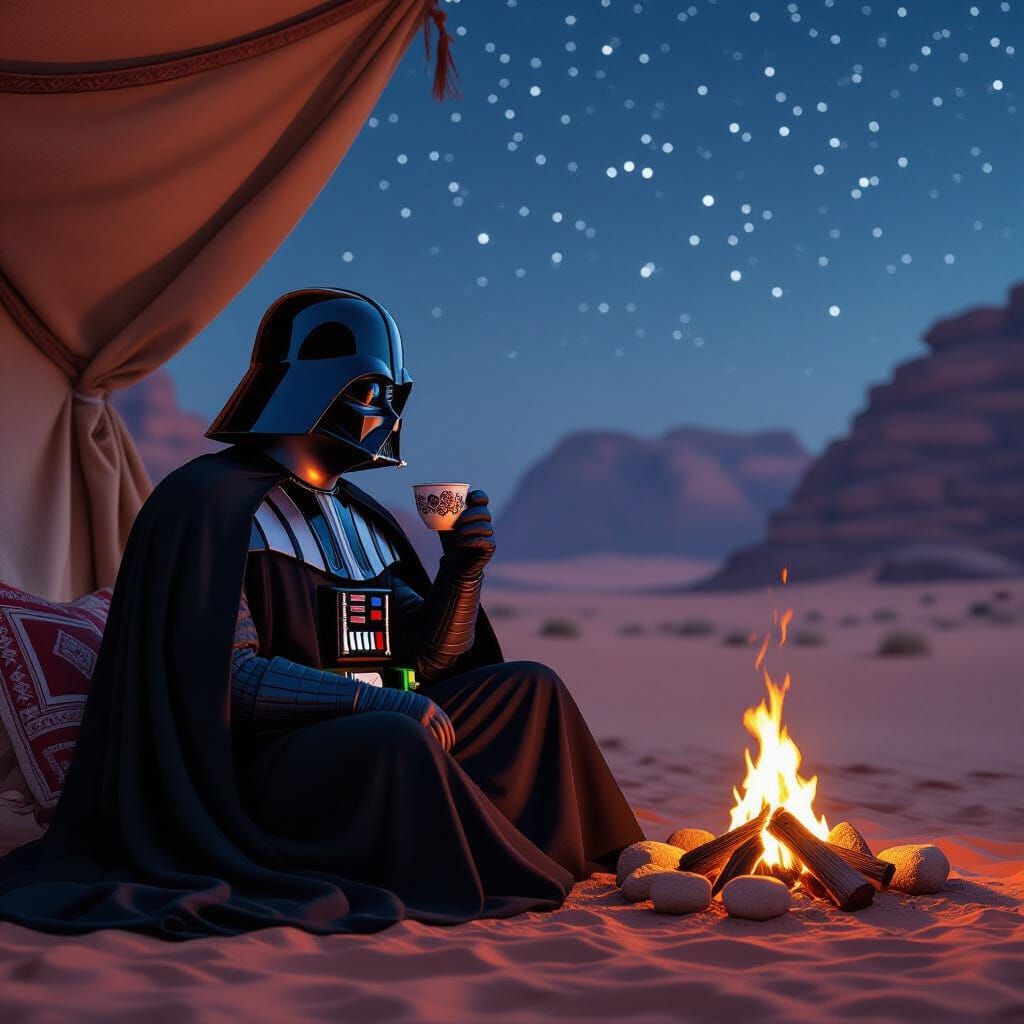 Darth Vader Sipping Coffee in Wadi Rum, Digital Art