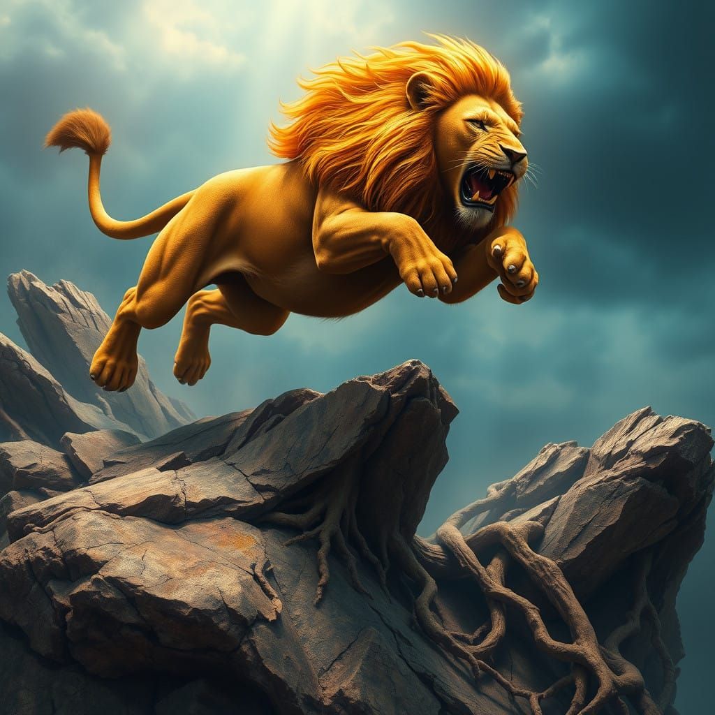 Majestic Lion in Mid-Leap, Amidst Dramatic Ancient Rock Form...