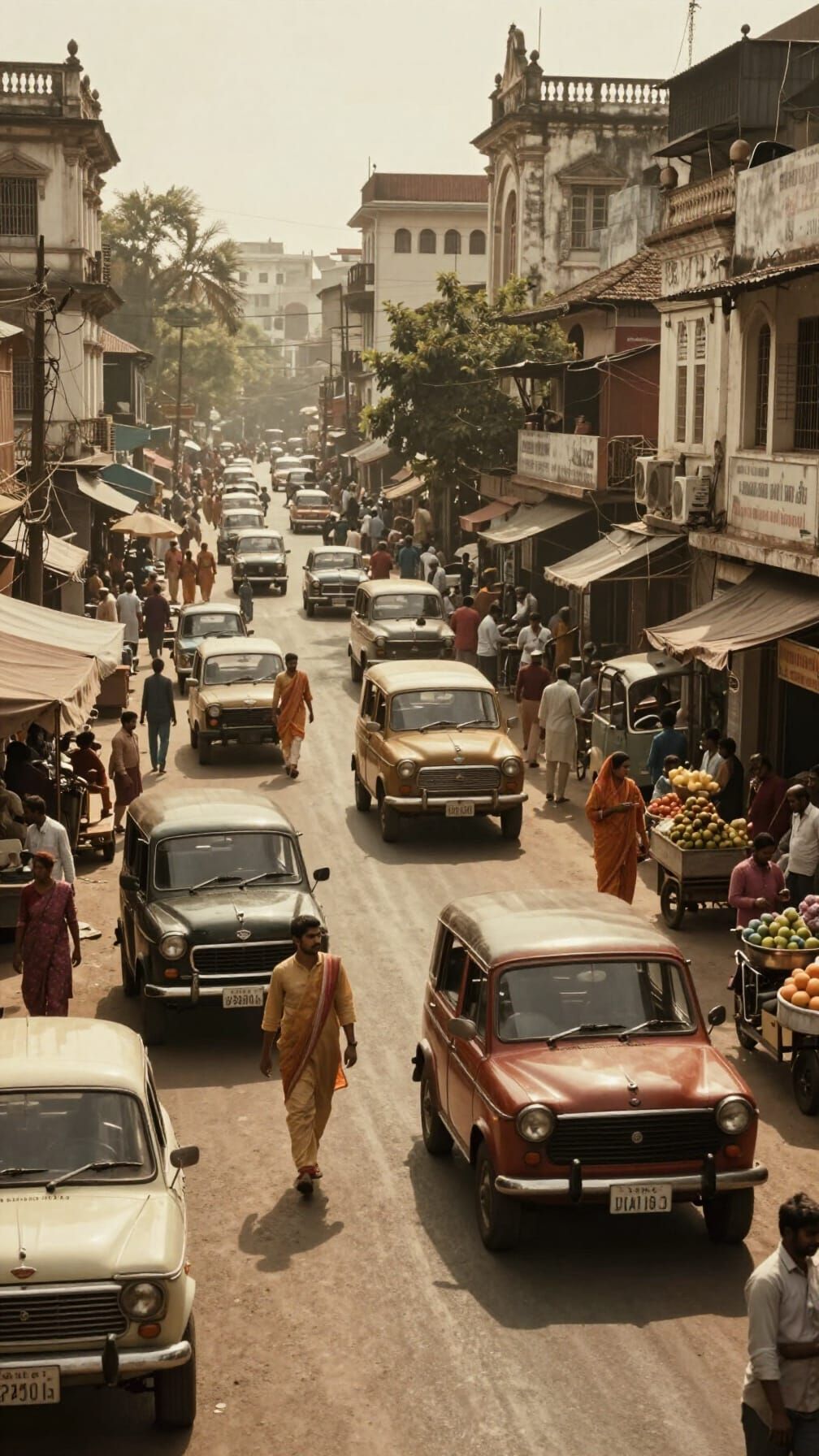 1980s Mumbai Street Scene: Ambassador Cars and Rickshaws