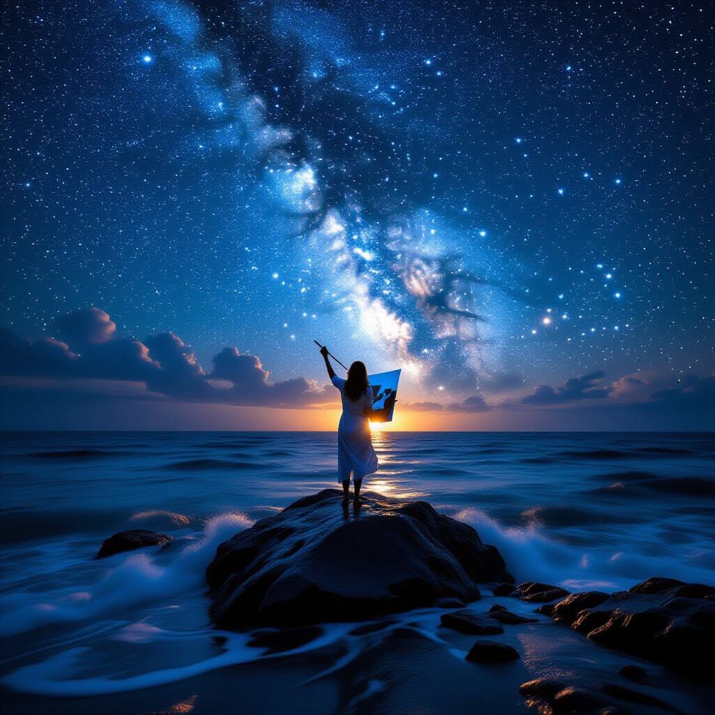 Woman Painting at Sea During Meteor Shower