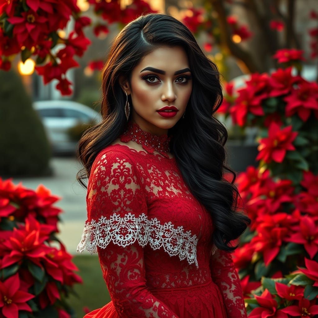 Gothic Holiday Goddess Among Poinsettias