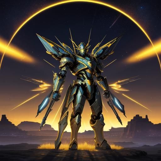 Celestial Bastion: Golden Robotic Defender in Aurora Sky