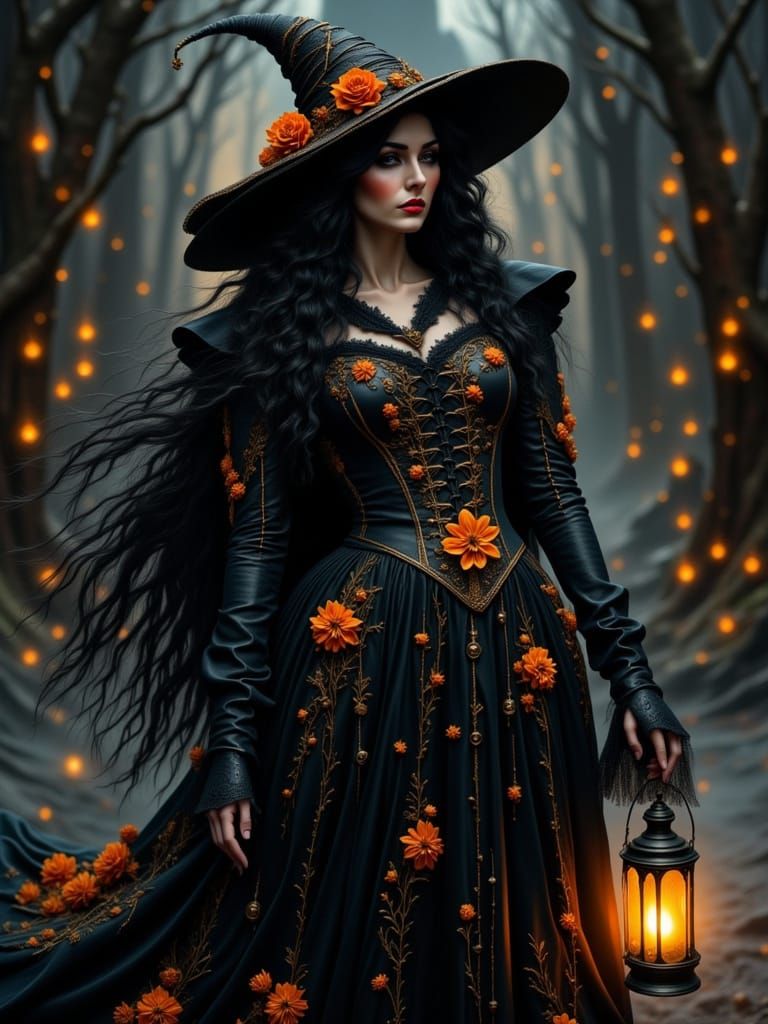Mysterious Witch in Elegant Black Dress with Orange Florals